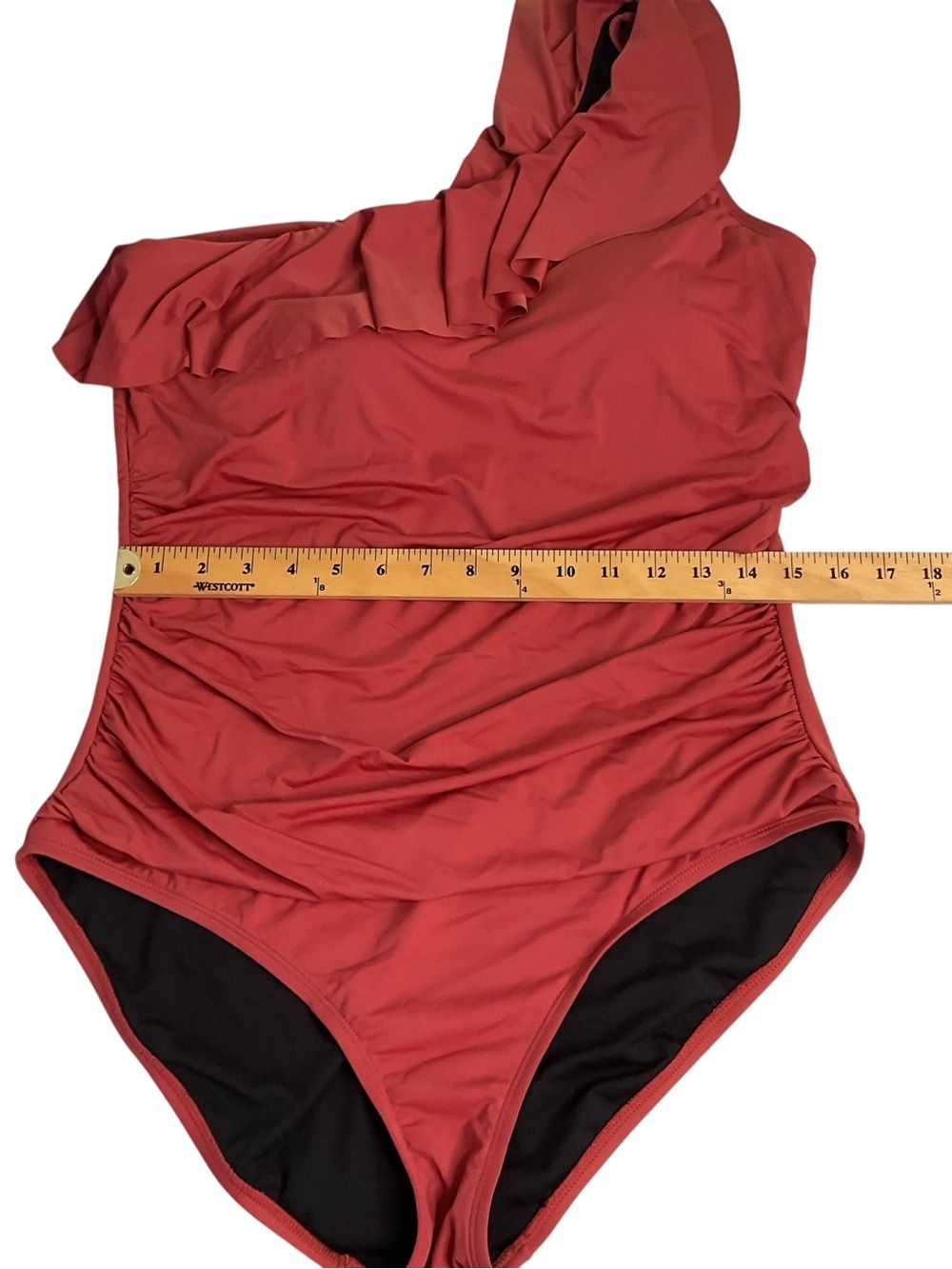 Asymmetric Ruffle One-Shoulder Swimsuit in Rust - Picture 6 of 7